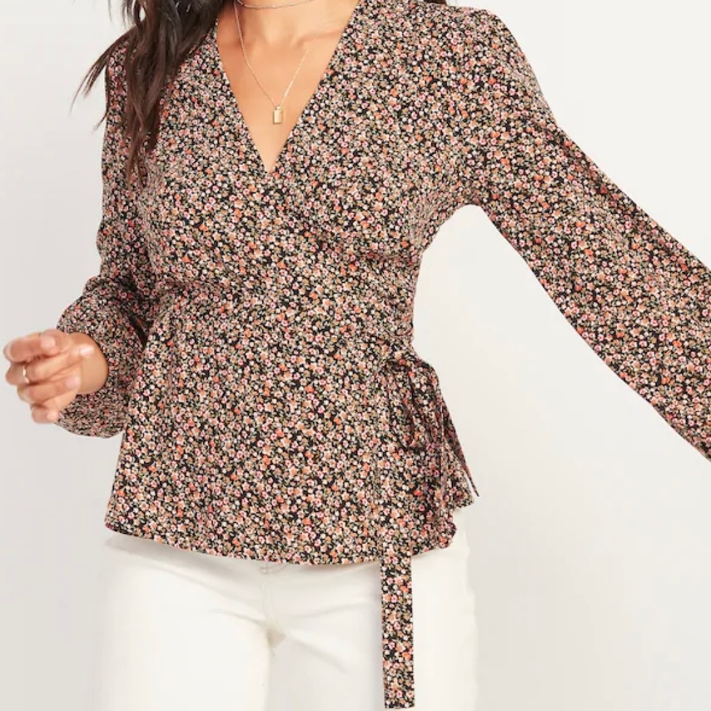 Floral-Print Tie-Belt Wrap Blouse
